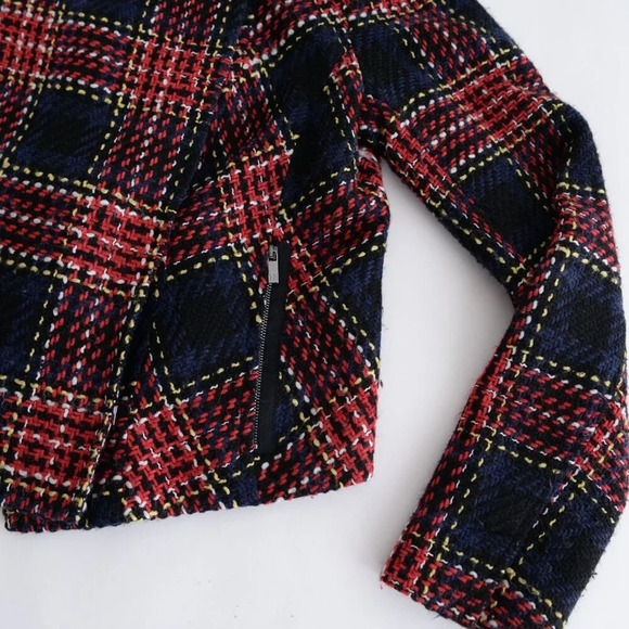 Riani Red Black Checker Plaid Cross Knit Tweed Snap Button Crop Blazer 10 - Picture 7 of 14
